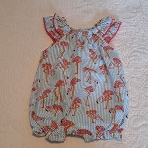 Mudpie girls size 6-9 months flamingo seersucker bubble romper